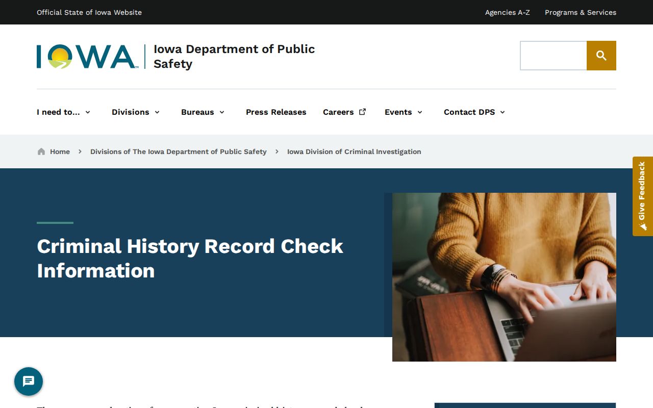 Johnson County criminal history options on the Iowa DCI record check page